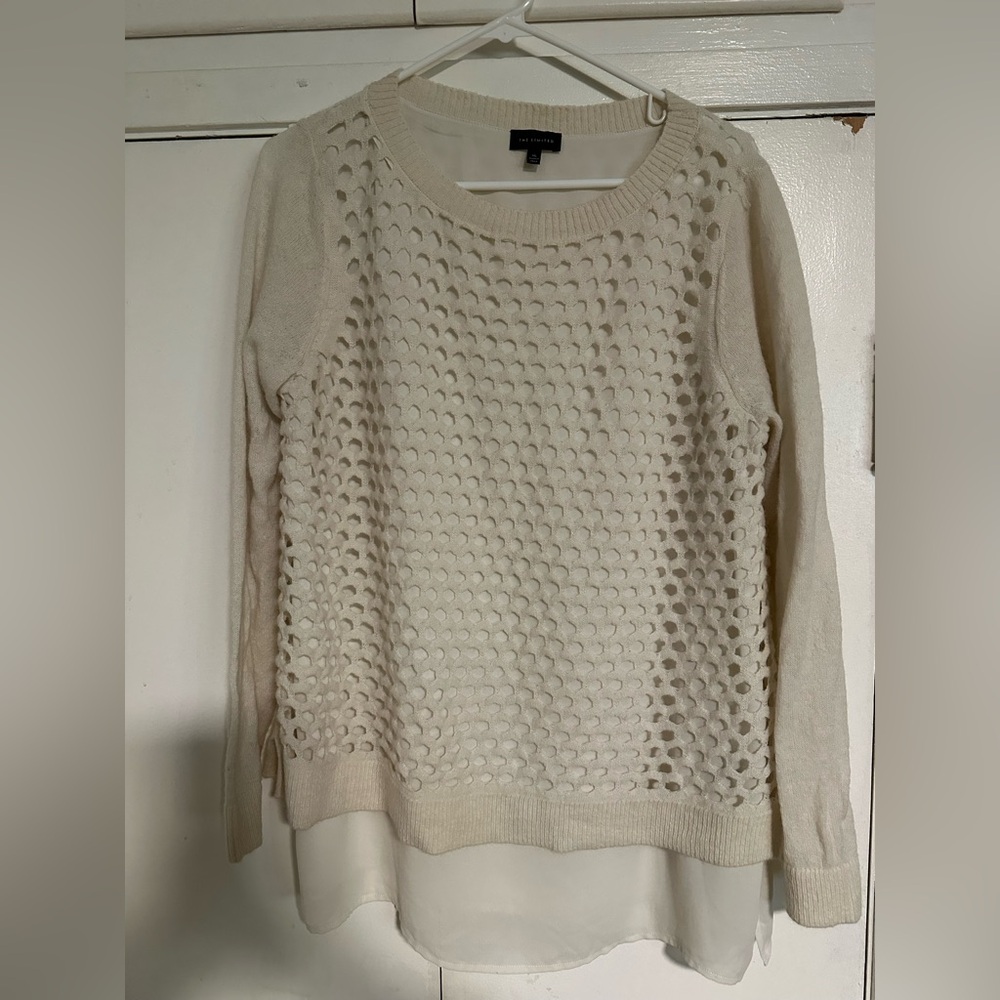 The Limited Sweater XL Ivory Cream Honeycomb Knit Chiffon Hem Wool Blend
